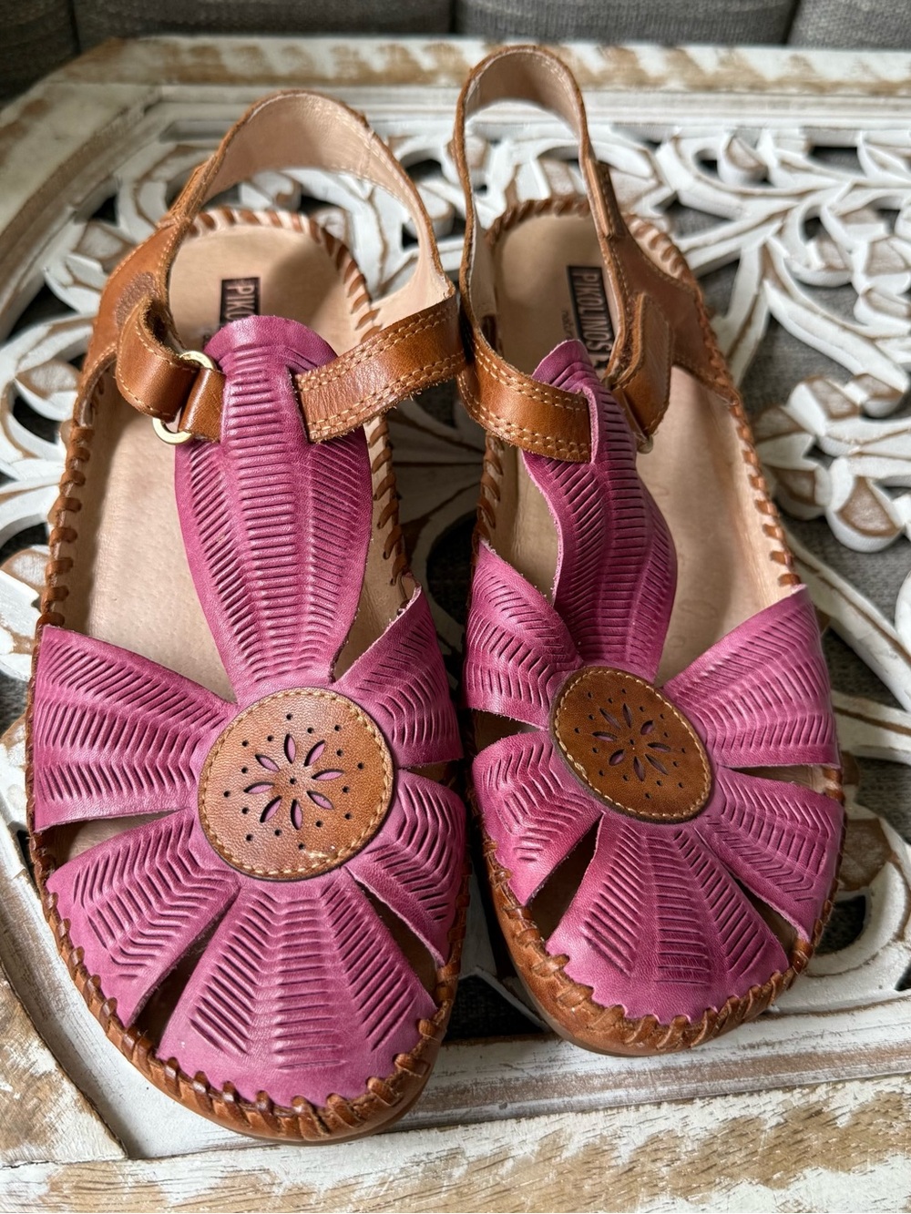 PIKOLINOS Pink and Brown Floral Leather Sandals